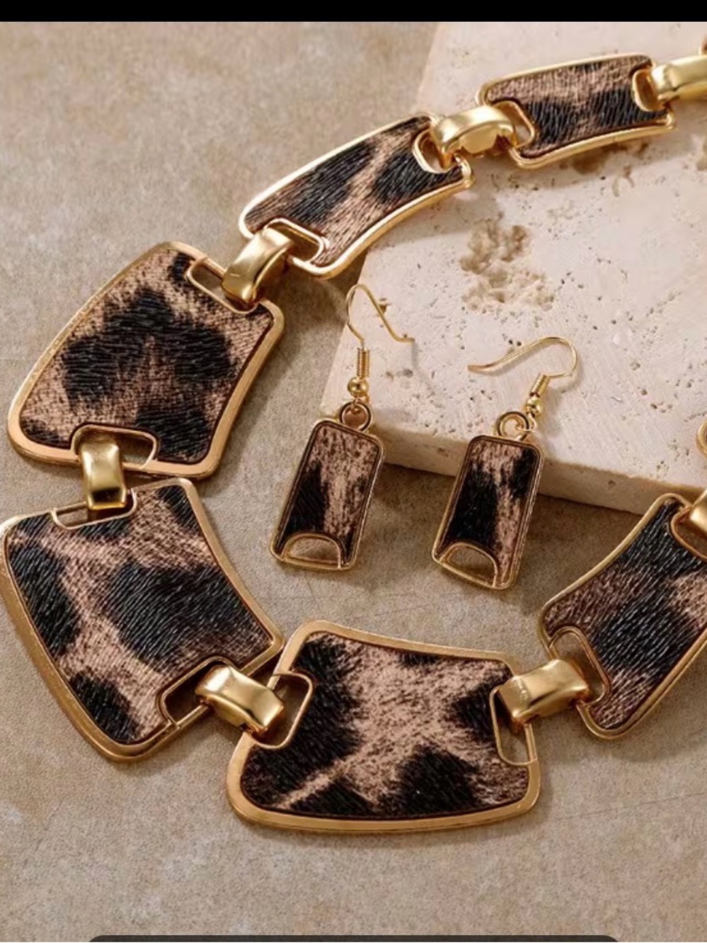 Gold-Tone Leopard Print Statement Necklace & Earring Set